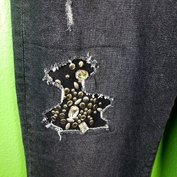 Parker Smith Women's Black Denim Distressed Jewel Patchwork Jeans sz 30 - Picture 9 of 11